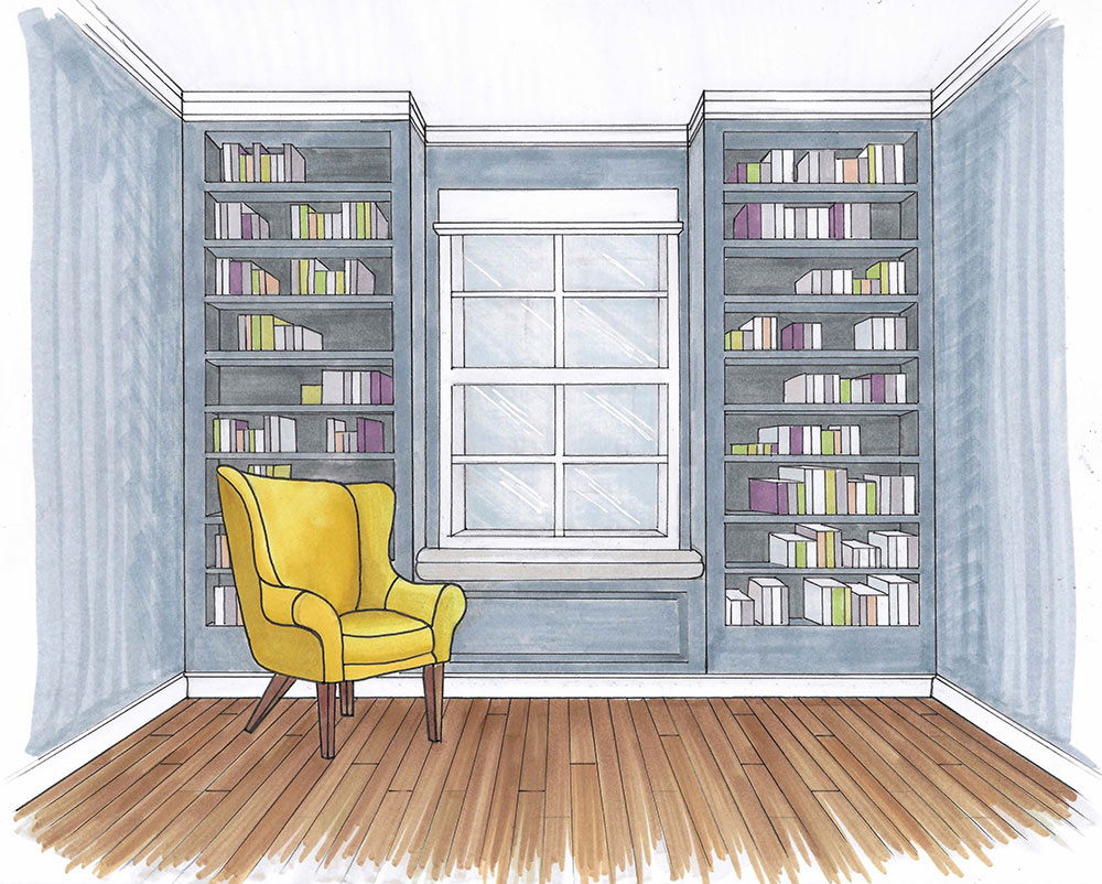 hand rendering of living room with book shelf and yellow chair on left