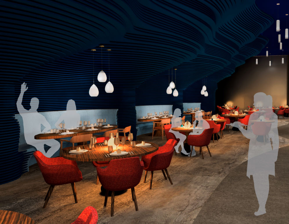 computer rendering of people eating - red chairs, wood tables, blue ceiling