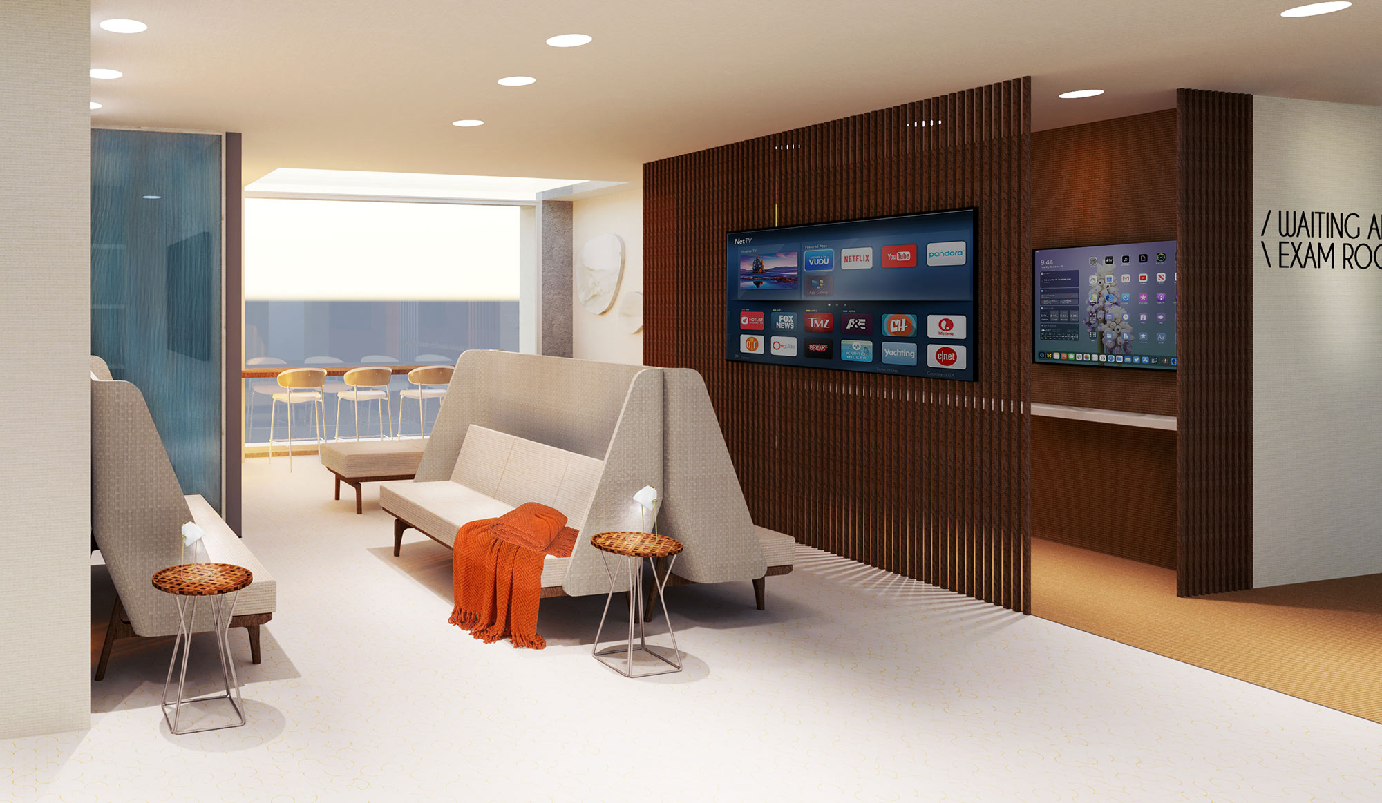 computer rendering of waiting room - white couches, wooden partition