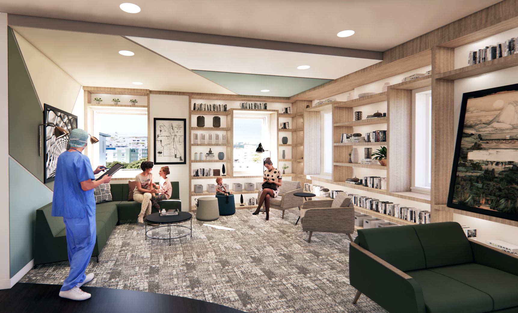 Rendered perspective of a doctors waiting office with built in shelving, chairs, sectionals, and sofas.