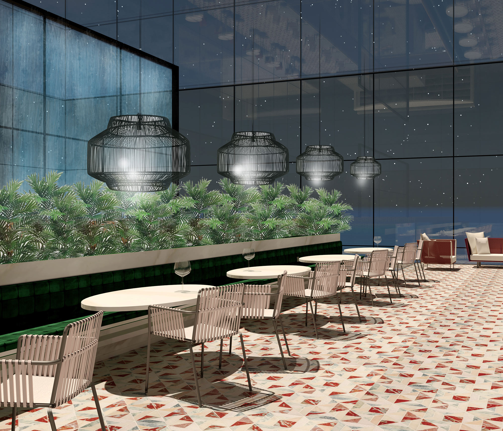 computer rendering of rooftop bar circular tables, each with a circular black light over