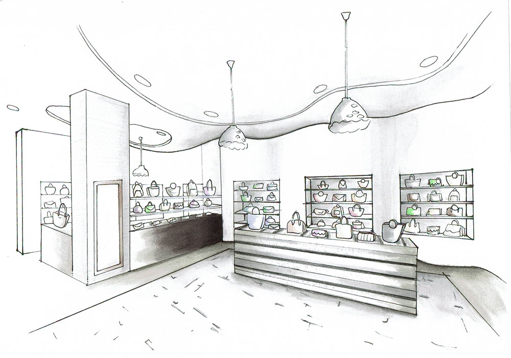pencil drawing of the inside of a purse shop