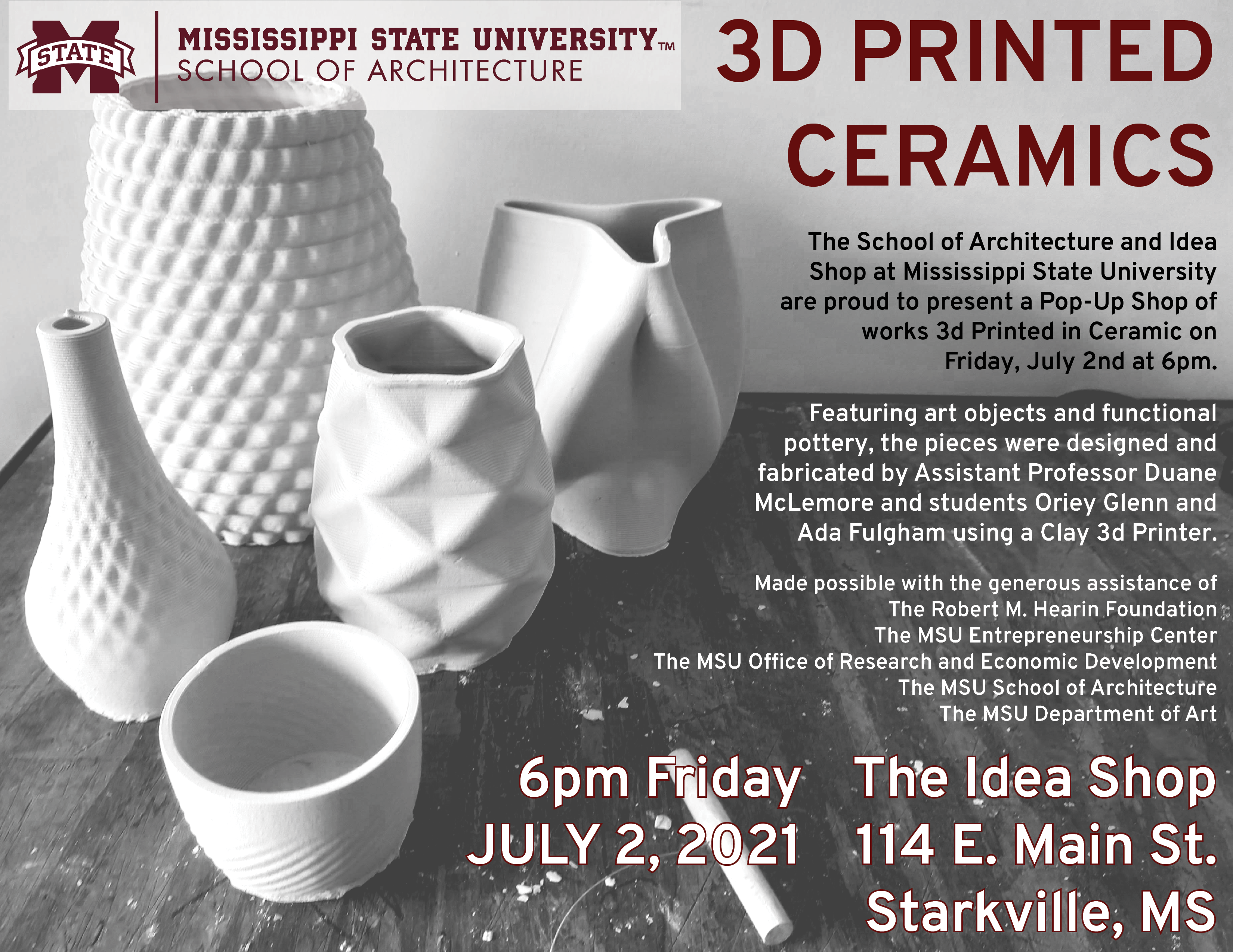 black and white image background of ceramics pieces - flyer with info.