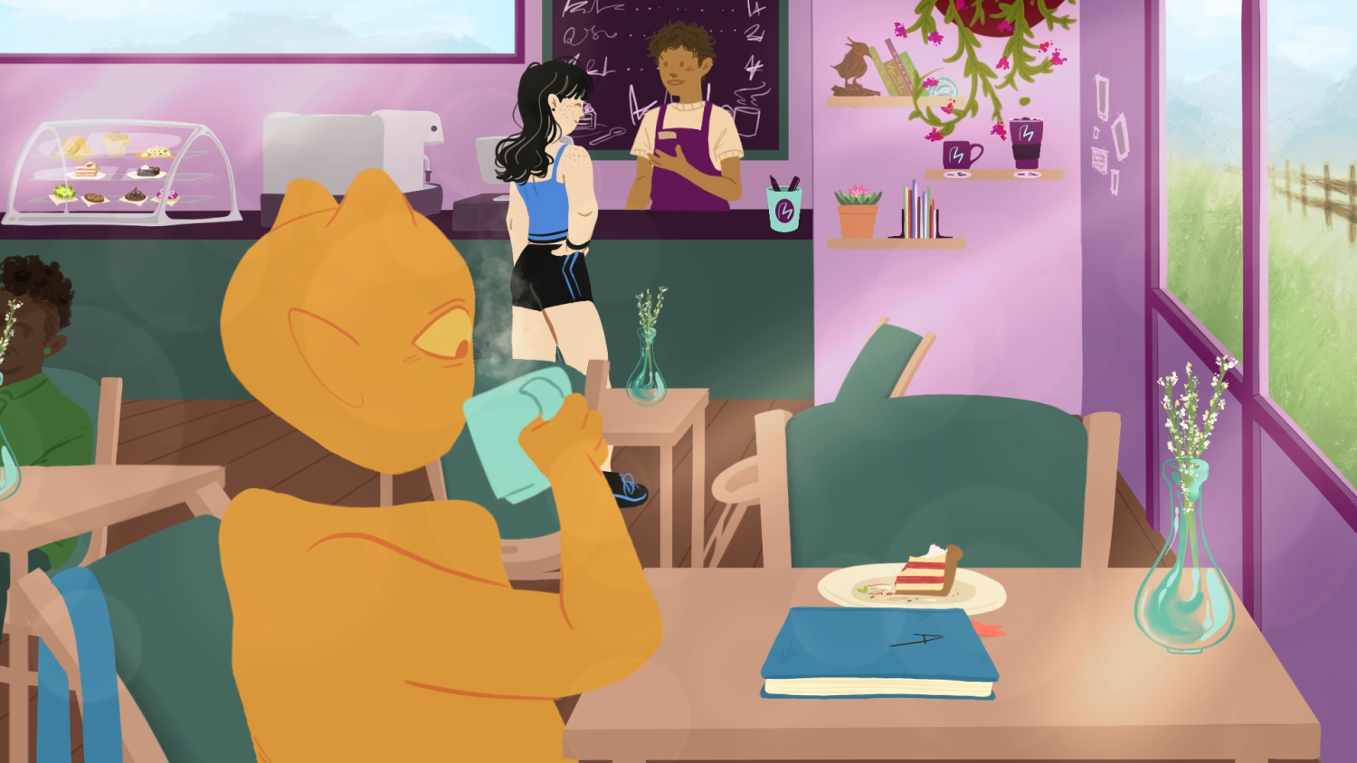 An alien sits in a coffee shop with a notebook in front of him, sipping coffee, while a barista and customer have a friendly chat in the background. The overall vide of the still image is bright, saturated with color, and calm.