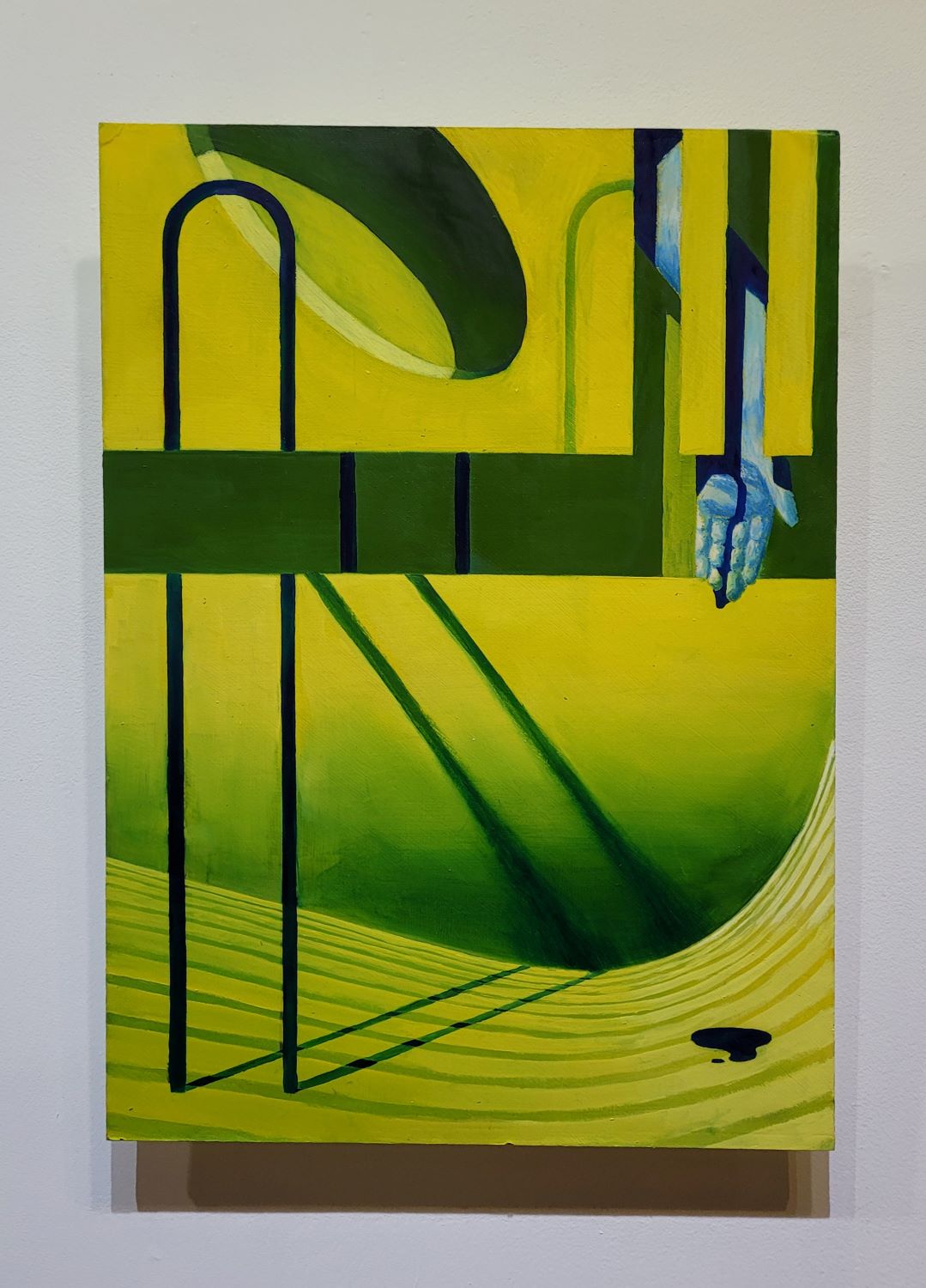 Medium-sized painting of surreal yellow space with a blue hand and black arch, the back of the painting glows yellow. 