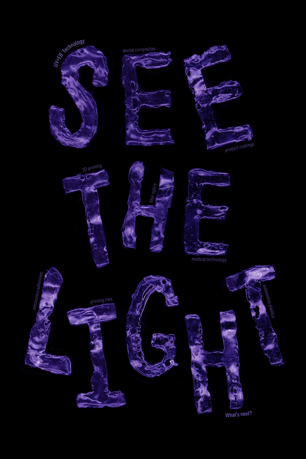 poster design by Leah Wisener - says "see the light" in purple light letters on black background