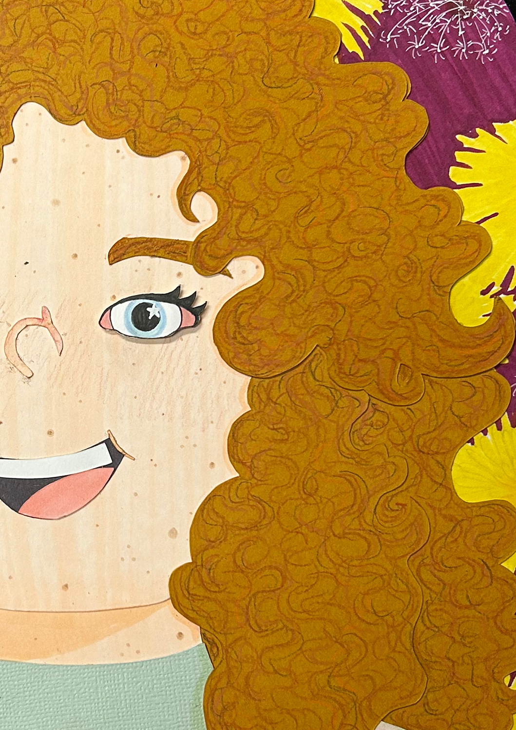 Close-up image of cut-paper portrait of a girl with curly red hair, big blue eyes, and freckles. The image crops to only half of her face. The background is a deep magenta/plum filled with dandelions in different stages of development.