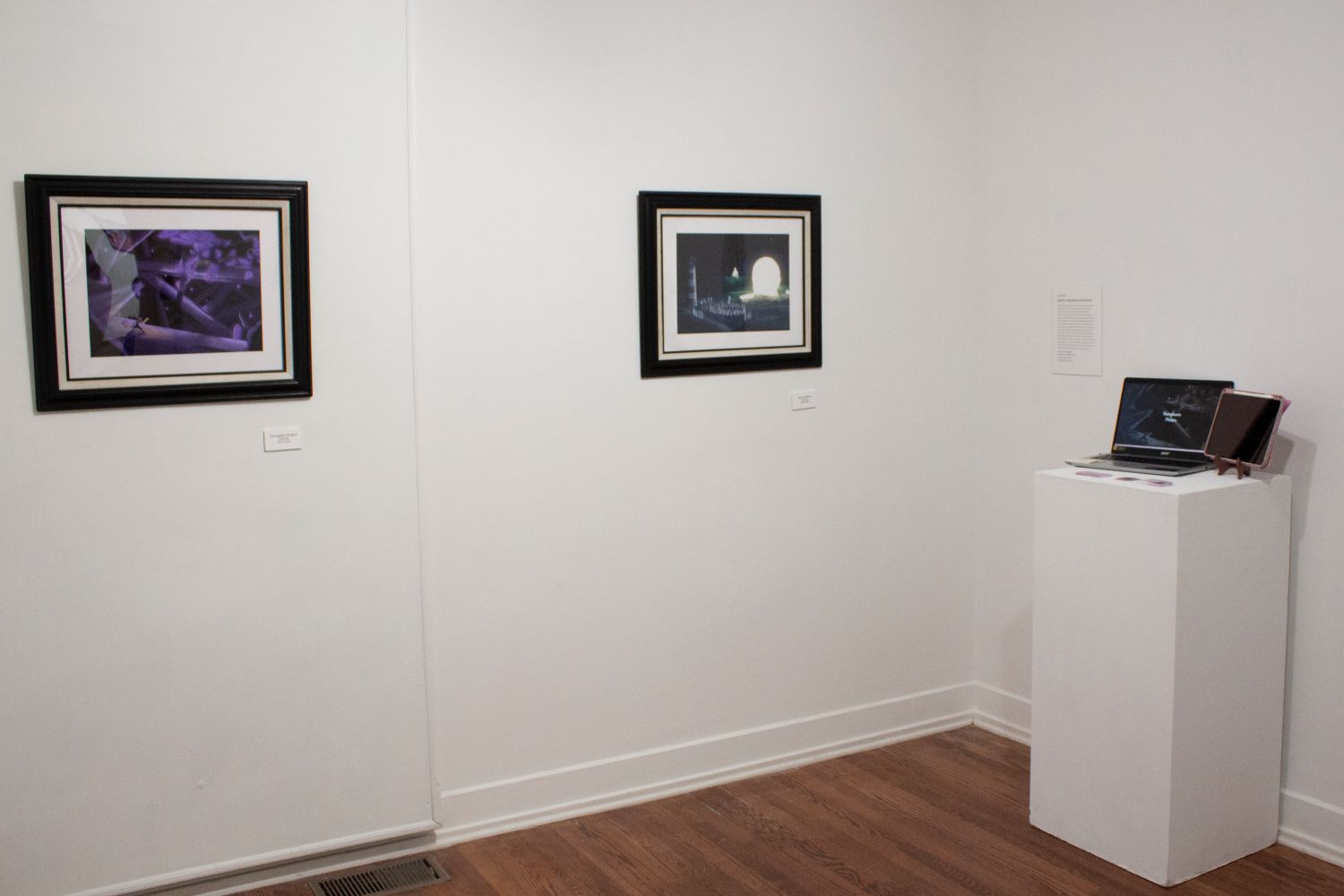 White gallery room with dragon picture, picture of glowing beings, and laptop and tablet on a pedastal