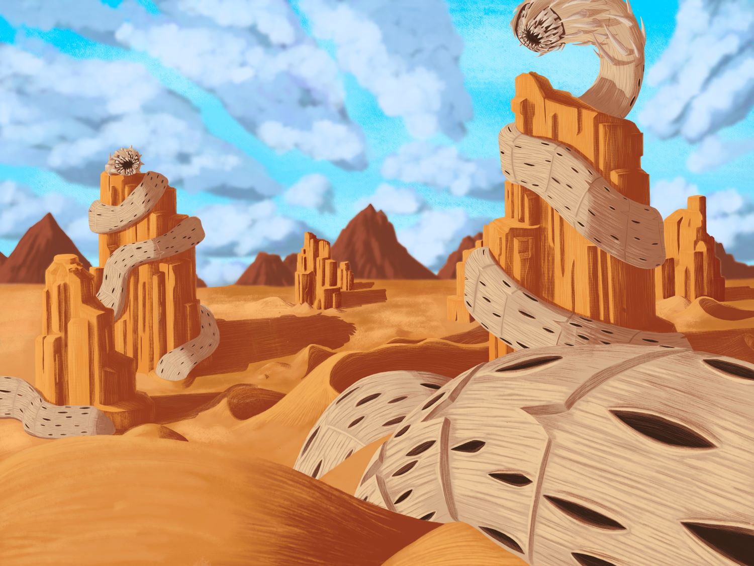 Two giant worms in a desert landscape with mountains and clouds in background