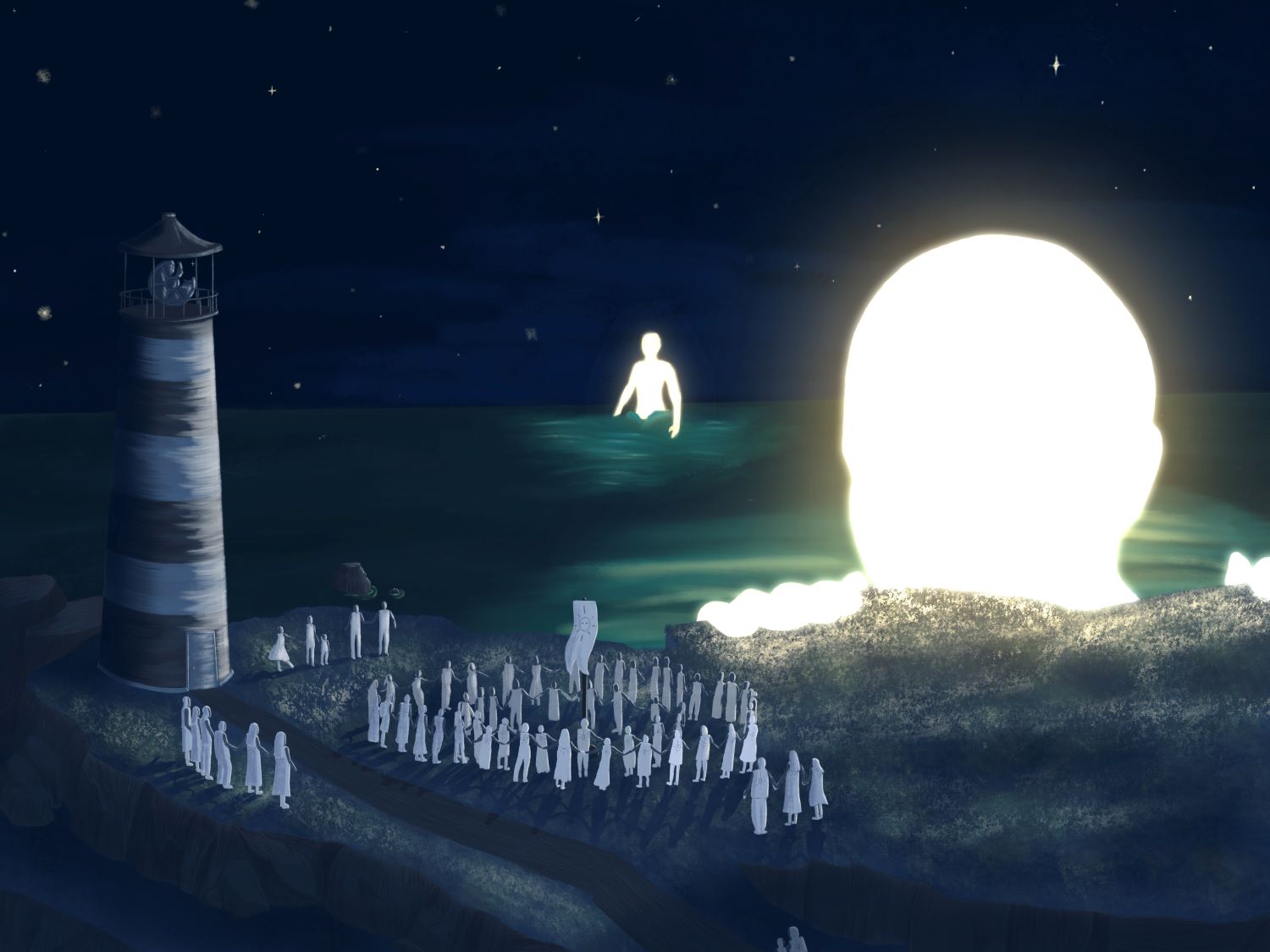 Cult ritual on a cliff with a lighthouse by the ocean with two giant glowing beings, one of which is in the distance