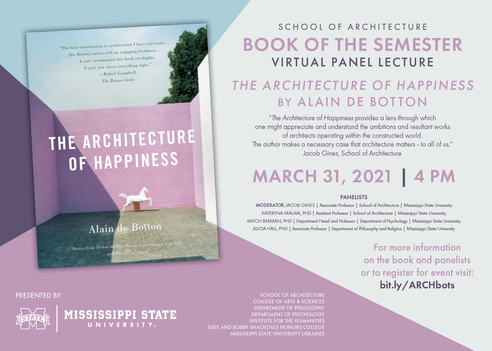 flyer for School of Architecture Book of the semester virtual panel lecture