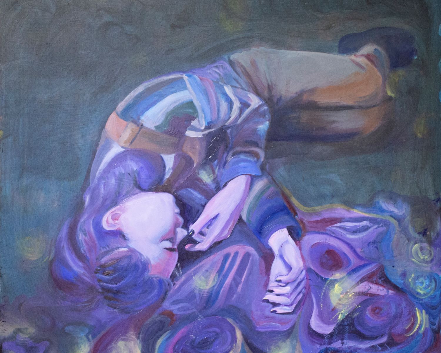 Painting of a woman laying on the ground.