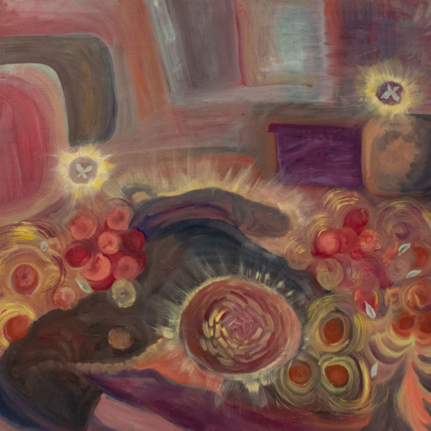 Painting of bouquets of flowers and a person laying in the center