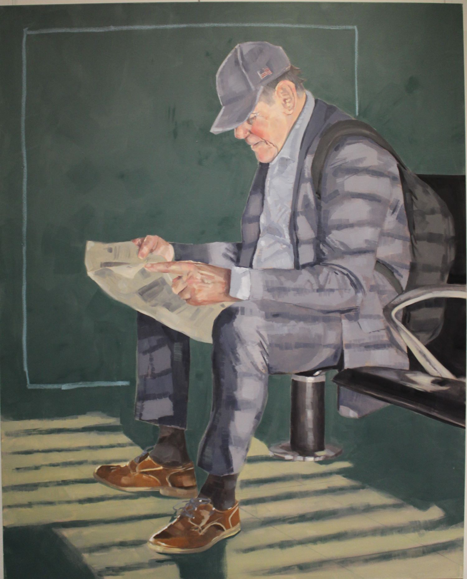 painting of an old man sitting on a bench while reading newspaper