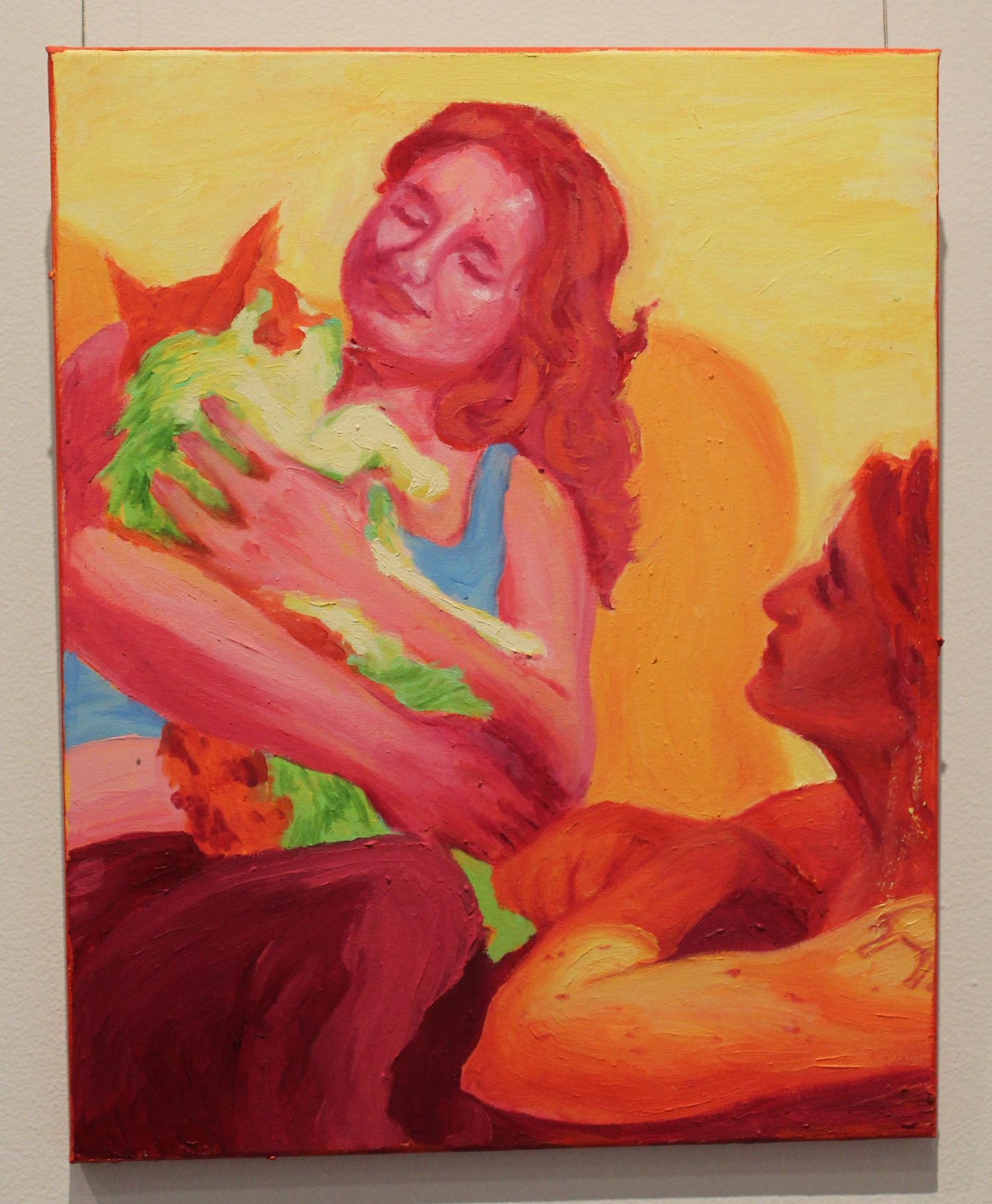 painting of two people with a cat where the person on the left is holding the cat.